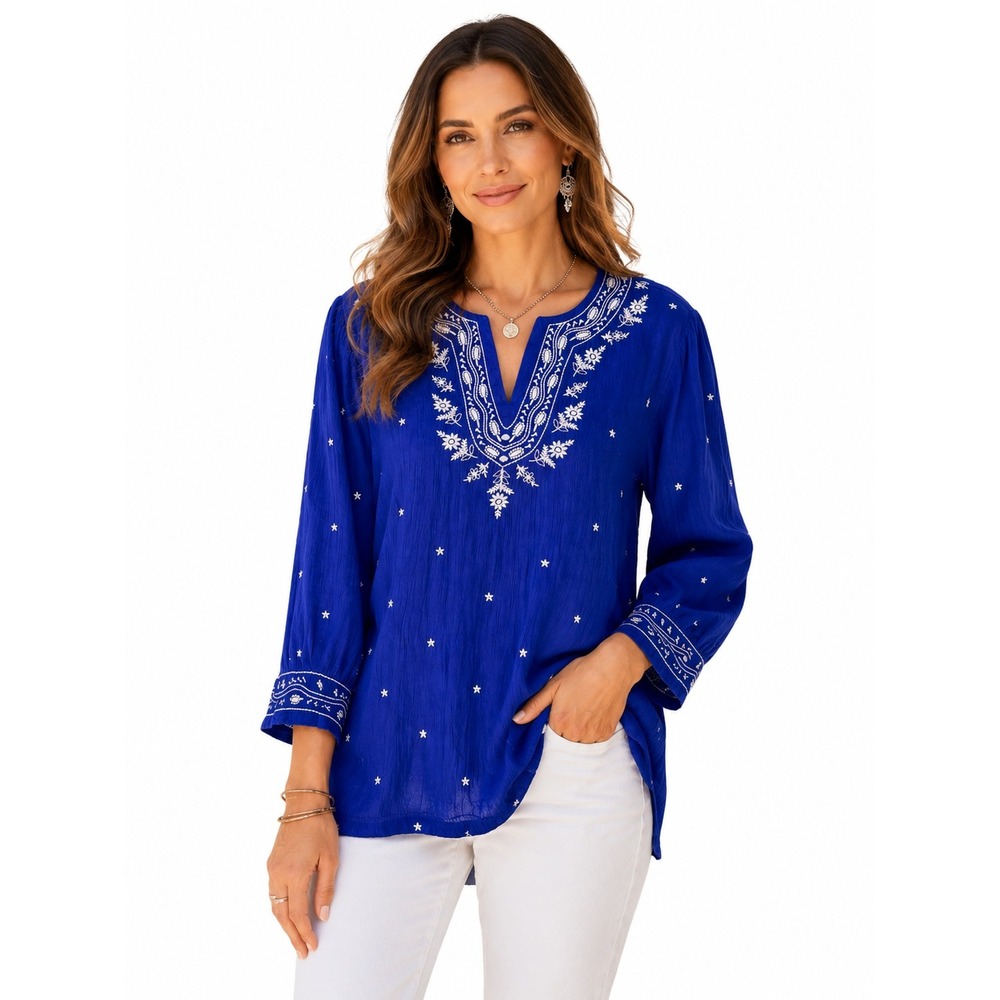 Cathy Daniels Embroidered Blue Floral StarTunic Top XL Boho Peasant Artsy Cruise